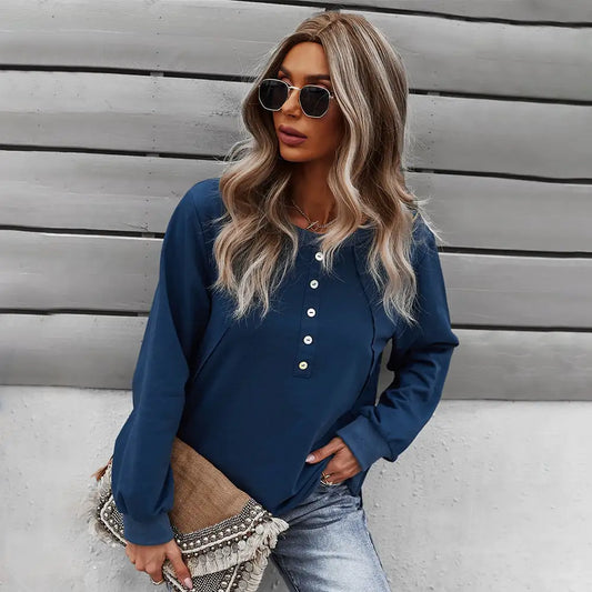 Pull tendance à col rond et manches longues pour femme - Navy Blue / M