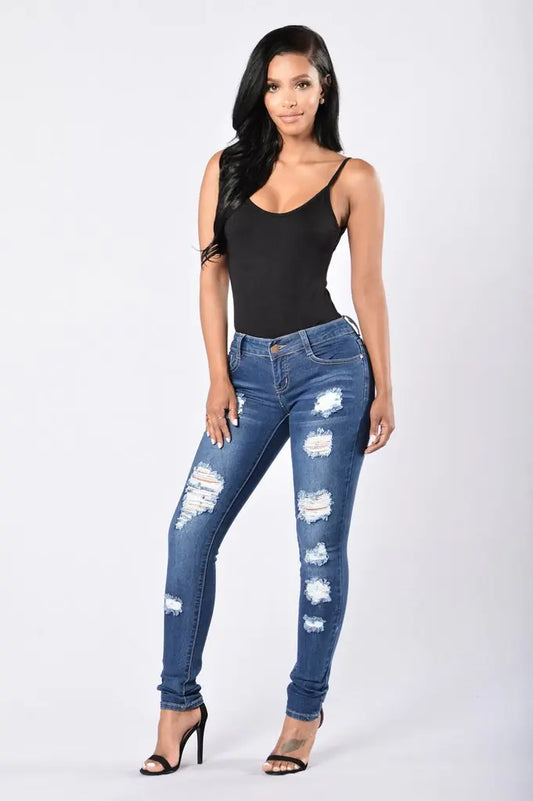 Pantalon en denim déchiré pour femme - Pantalon tendance mode - Blue / 2XL